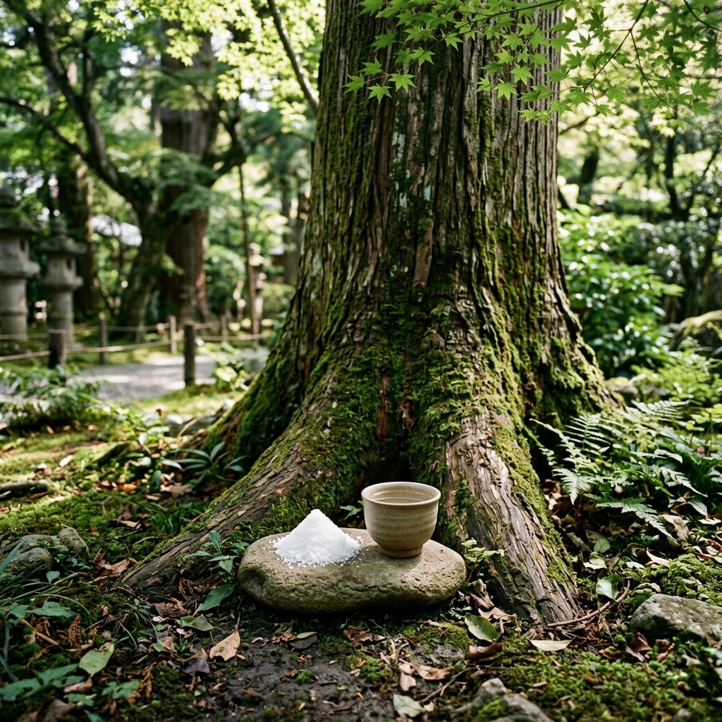 木の根元にお酒と塩を供えてお清めをするイメージ