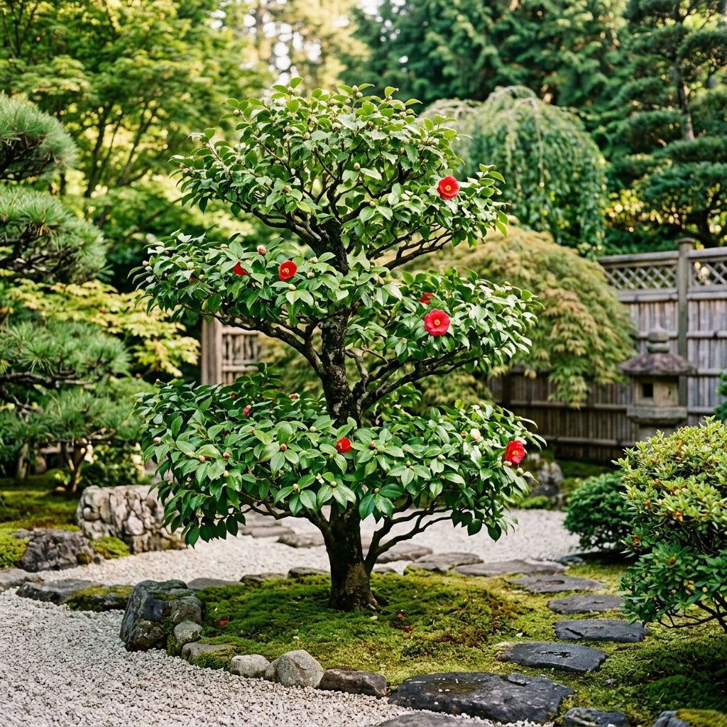 剪定されて風通しの良くなったツバキの木