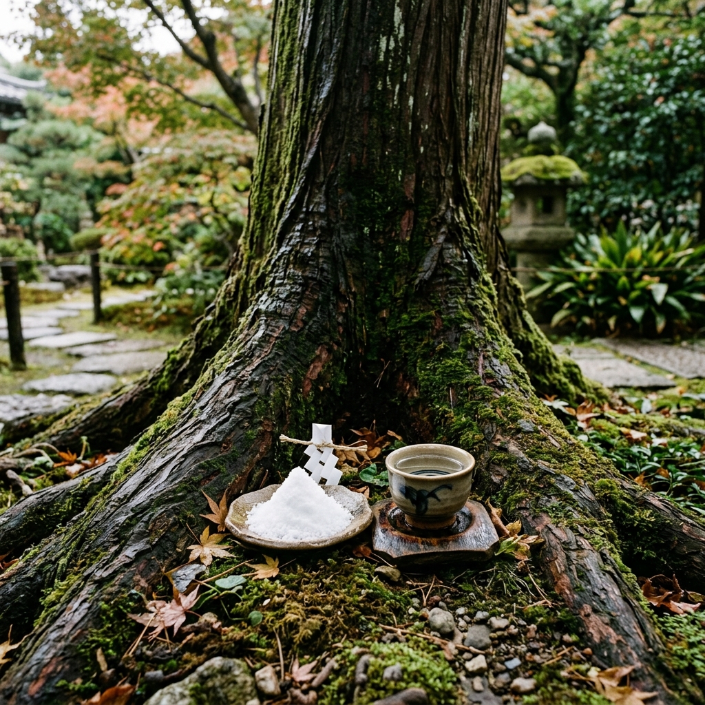 木の根元に塩とお神酒をまいているイメージ画像
