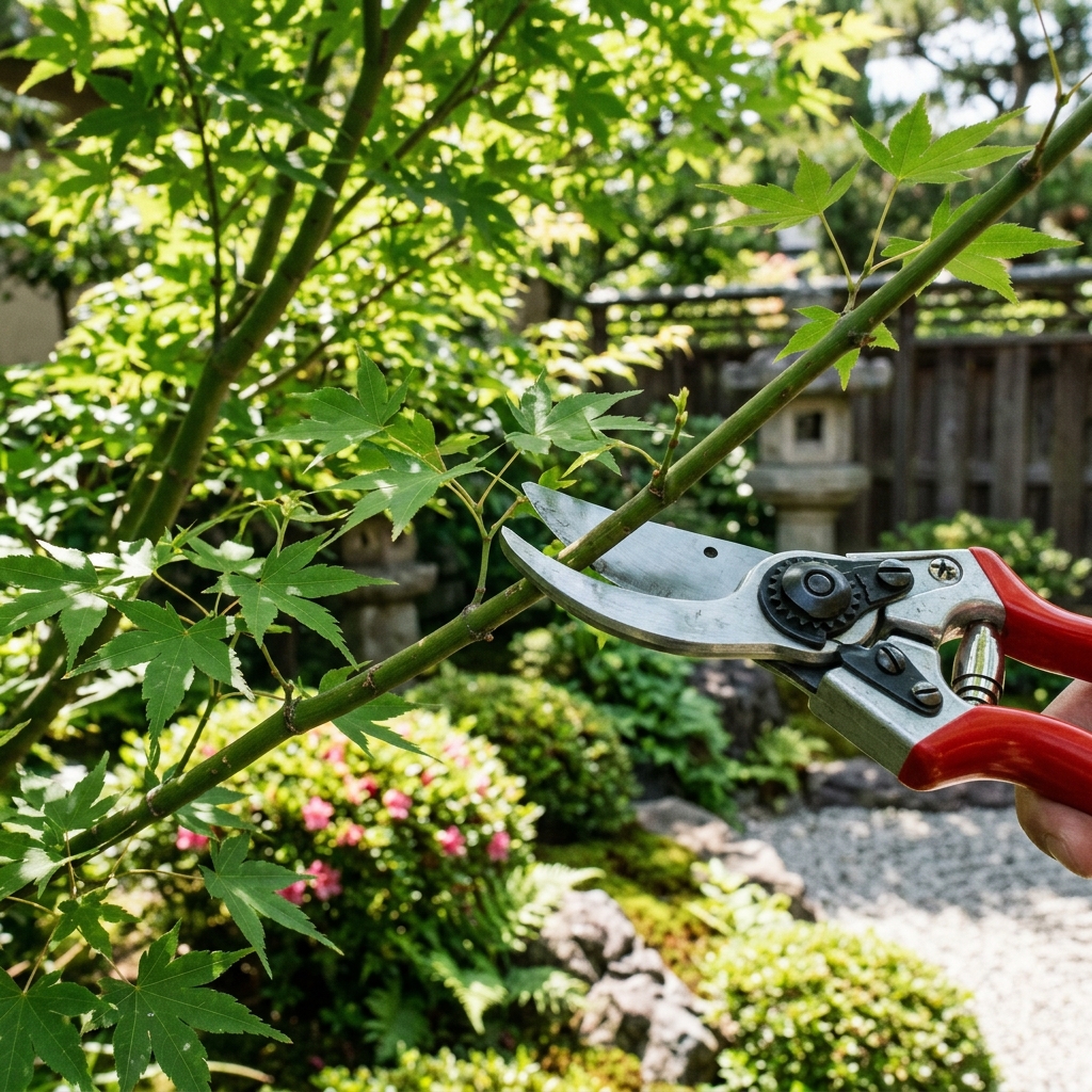 剪定バサミで枝を切る作業のクローズアップ